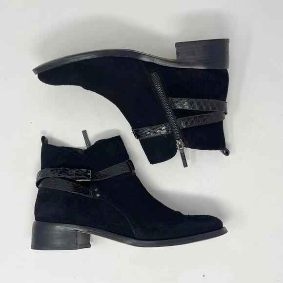 Donald Pliner Black Suede Leather Zita Side Zip Snakeskin Leather Strap Booties - Picture 6 of 10